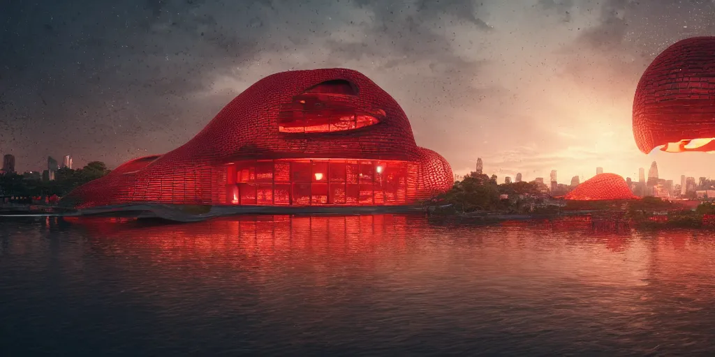 Image similar to An epic architectural rendering of a blob shaped trypophobia house with a mysterious red glow emitting from inside in a modern cityscape next to a river, stunning, gorgeous, golden ratio, photorealistic, featured on artstation, 4k resolution