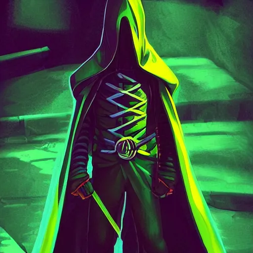 Prompt: concept artwork of a hooded ninja warrior in cyber and dark clothes, neon green lines, trending on artstation, 8 k 3 d full hd, by dan mumford, j. m. w. turner, franz xaver winterhalter