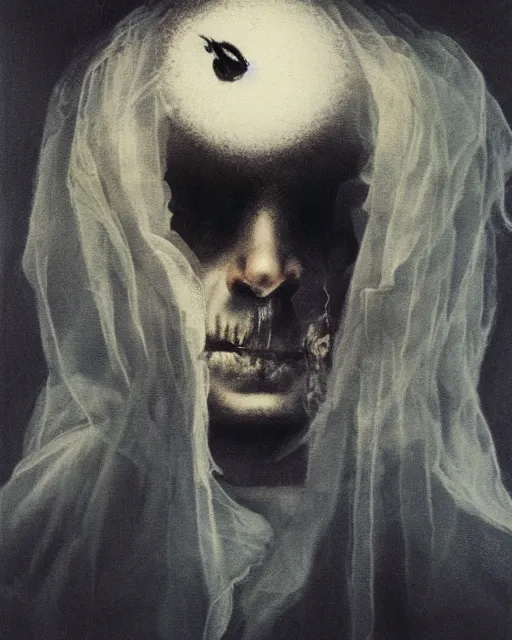 Image similar to a handsome but sinister ghost in layers of fear, with violence in his eyes, 1 9 7 0 s, seventies, woodlands, delicate embellishments, painterly, offset printing technique, by mary jane ansell
