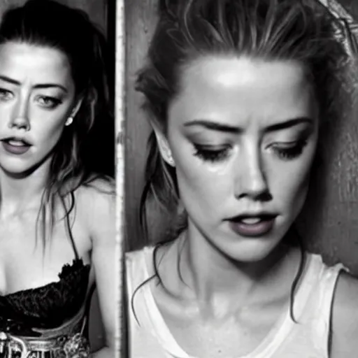 Image similar to “amber heard in shackles, crying, sad, prison clothes, distress, paparazzi photograph”