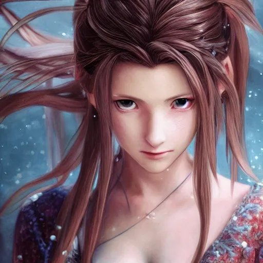 Prompt: portrait of aerith!!!!!!!!! from final fantasy vii, golden light, water - color painting by amano yoshitaka, ultra realistic, highly detailed, sharp focus, cinematic lighting, mood lighting, realistic, vivid colors, painting, photorealistic, digital art, non blurry, sharp, smooth, illustration