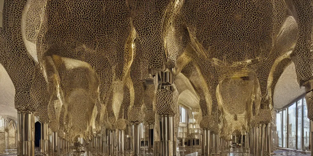 Prompt: knitting gold mosque architecture by giger alien