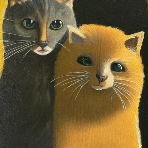 Image similar to portrait painting of cat and quokka in the style of grant wood