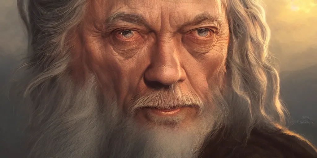 Prompt: Gandalf portrait, golden hour, rim lighting, detailed matte painting, cinematic, Alan Lee, Artstation