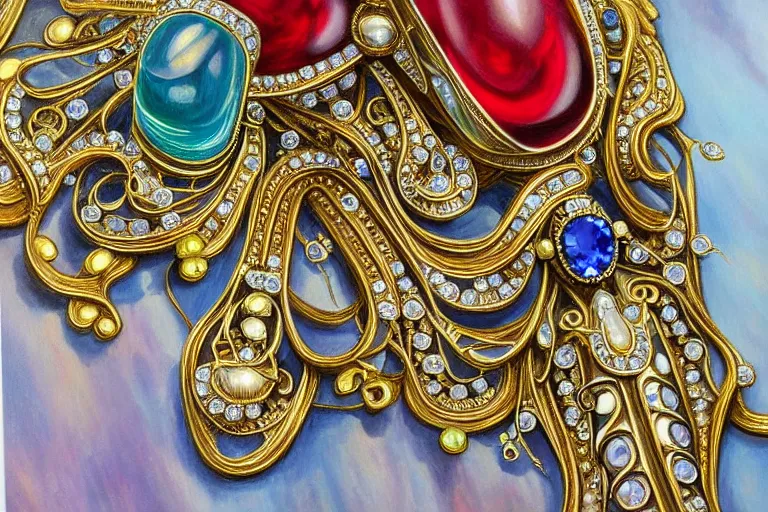 Prompt: highly detailed oil painting, front view, very realistic gemstones, art nouveau, ornate, delicate, brilliant precious gemstones necklace, necklace on display, dramatic light,