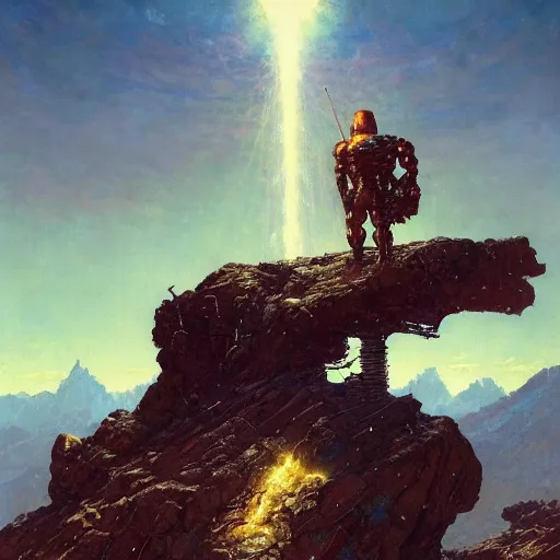 Image similar to robotic warrior standing on top of a mountain with a beautiful cosmic background by by norman rockwell, jack kirby, bergey, craig mullins, ruan jia, jeremy mann, tom lovell, deviantart, cgsociety, trending on artstation, award winning, 8 k resolution, sharp focus