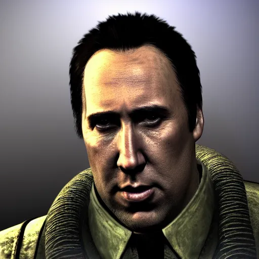Image similar to Nicholas Cage in S.T.A.L.K.E.R PC game, screenshot, max graphics settings