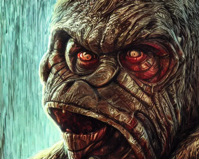 Prompt: realistic portrait beautiful detailed 3 d painting of cinematic movie scene of planet of the apes, apes become berserk mutant. action sequence, created by gustave dore and raffaelo sanzi, high detailed, smooth draw, synthwave neon retrofuturism, intricate, realistic proportions, dramatic lighting, trending on artstation.