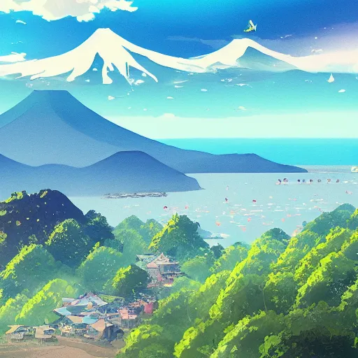 Image similar to A beautiful painting of japan coast with mountains ,Anime ,nature ,illustration, Nature wallpaper, Bright and airy, Aerial, Makoto shinkai ,Trending on artstation