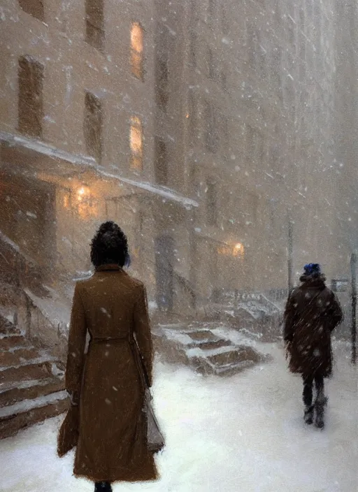 Image similar to back of emma stone in beige coat, walking into new york apartment building in winter, snow, artwork by gaston bussiere, craig mullins, trending on artstation