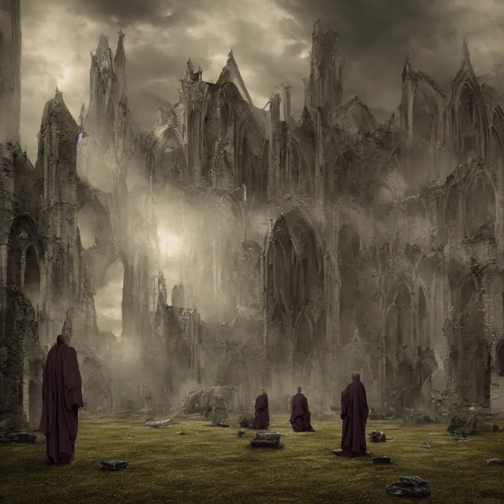 Image similar to Photorealistic strange dark monks perform a ritual in a ruined cathedral. Ominous storm clouds, strange levitating stones, stones falling from the sky, a gentle rising mist. occult photorealism, UHD, amazing depth, glowing, golden ratio, 3D octane cycle unreal engine 5, volumetric lighting, cinematic lighting, cgstation artstation concept art