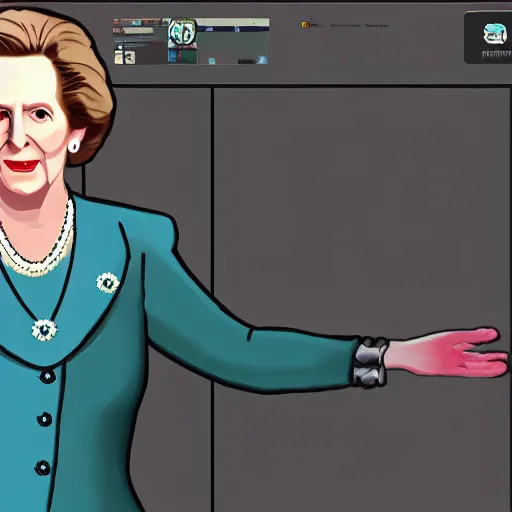 Prompt: Margaret thatcher as a character in a gas simulator game in the style of unity game engine