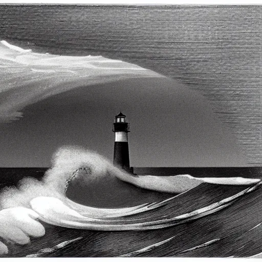 Image similar to an engraving of a storm battering a lighthouse by edward hopper