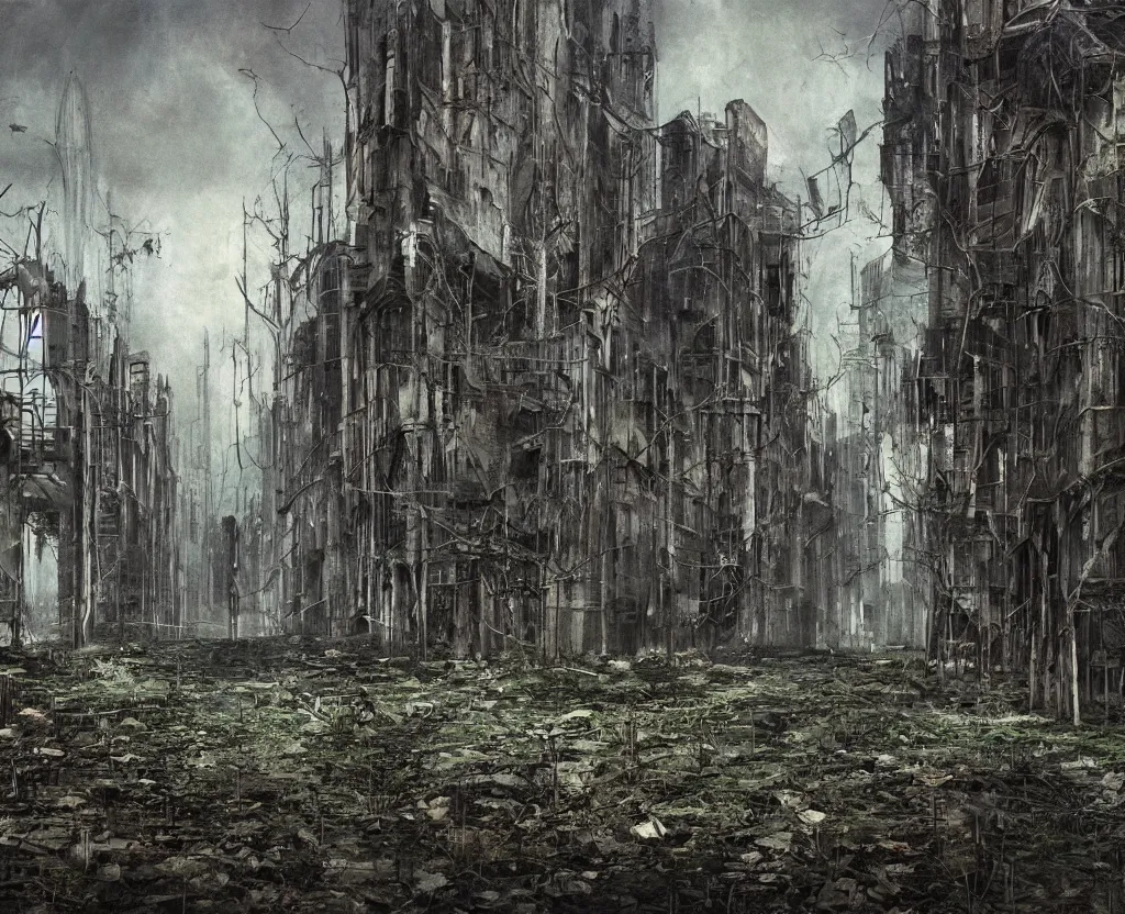 Prompt: a Dystopian gothic painting of the abandoned streets of the overgrown arcology