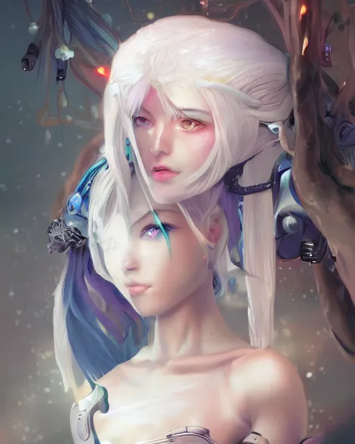 Image similar to cyborg girl with white hair and black skirt, flower decorations, priestess, dreamy, beautiful illustration, scifi, atmosphere, top lighting, blue eyes, focused, perfect composition, artstation, highly detailed, art by yuhong ding and chengwei pan and serafleur and ina wong