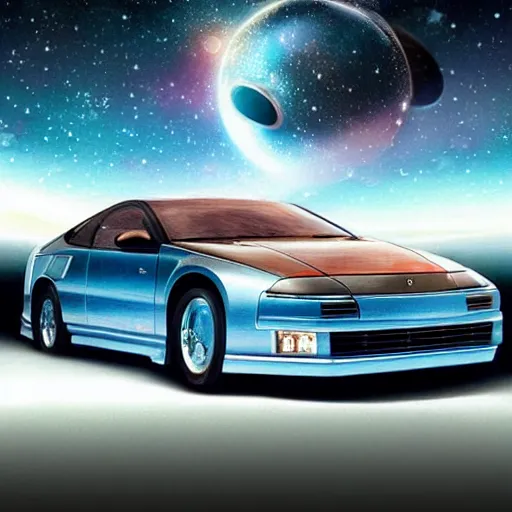 Prompt: futuristic Nissan 300zx, outer space backdrop, exquisitely painted, intricate detail, science and magic,