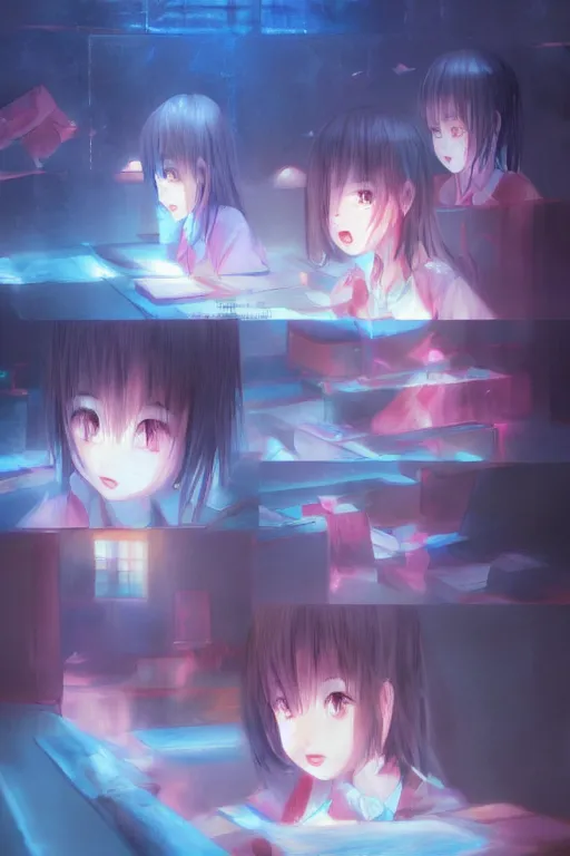 Prompt: 3d infrared octane render concept art by Mo Xiang Tong Xiu, by Igarashi Daisuke, by makoto shinkai, cute beauty cozy portrait anime sad schoolgirls under dark pink and blue tones, mirror room. light rays. water bellow. cutest sad face. dramatic deep light, trending on artstation, oil painting brush