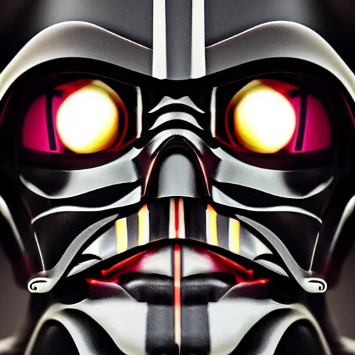 Image similar to 5 0 mm close - up photo of clown darth vader hybrid, compound eyes, symmetrical front face portrait, high quality, high resolution, octane unreal 5 realphoto raytrace render, intricate, hyper detailed, hard light, black flat background