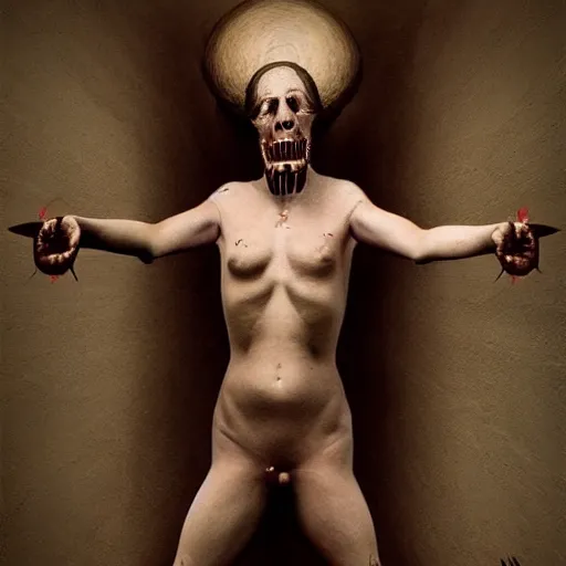 Image similar to the blasphemous caricature of the male and female body, hyperealistic detailed photography, divinity, awful, religious art