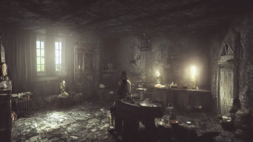 Image similar to A witch in the shadows of a dark decrepit medieval cottage at night, highly detailed interior, hyperrealistic, Lumion render, 8k UHD