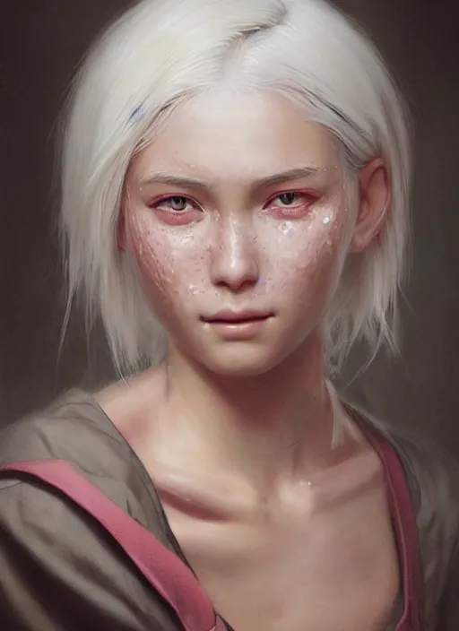 Image similar to girl with shoulder length white hair, rice farmer, beautiful highly detailed face, light freckles, pink pupils, beautiful painting by artgerm and greg rutkowski and raymond swanland