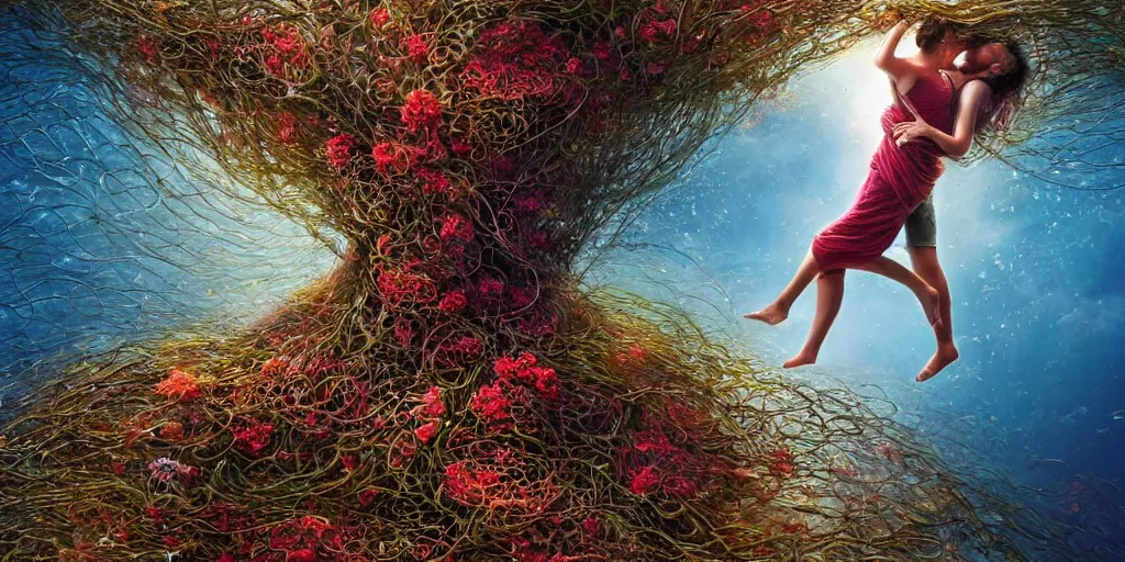 Prompt: closeup photo of 2 embracing human bodies, 1 female, 1 male, connected by chaotic swirling vines made out of flowers, suspended underwater, by peter gric, artgerm, greg rutkowski, smooth gradients, vibrant colors, high contrast, artstation, golden hour, sunrays, cinematic, subsurface scattering, 4 k, uhd, hdr