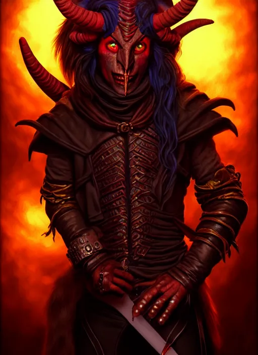 Prompt: tiefling bard, full body, hyper realistic, extremely detailed, dnd character art portrait, dark fantasy art, intricate fantasy painting, dramatic lighting, vivid colors, deviantart, artstation, by wayne reynolds.