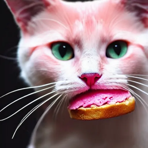 Image similar to photo of a pink cat, biting a hamburger, munching on a hamburger, eating a hamburger, pink cat