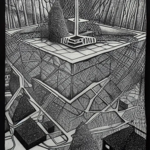 Image similar to a non - euclidean city by the river with a forest, detailed drawing by m. c. escher