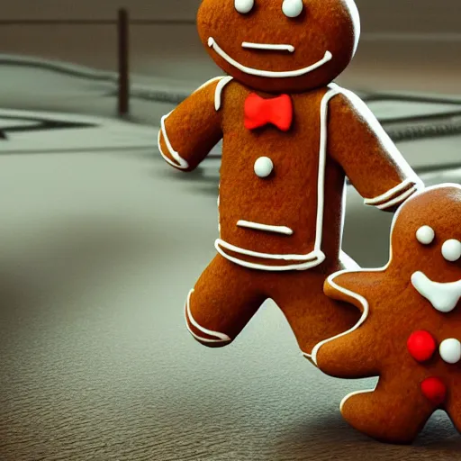 Image similar to a gingerbread man running around amsterdam, smoking weed, 3 d octane render, highly detailed, masterpiece, studio ghibli, amazing composition, hdr, gingerbread man is cute chibi,