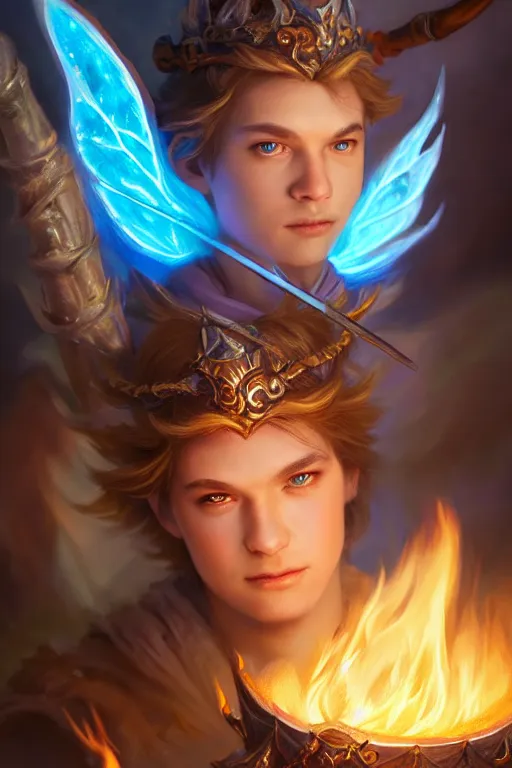 Image similar to legendary fairy prince hold flame staff, blue energy, highly detailed, d & d, fantasy, highly detailed, digital painting, trending on artstation, concept art, sharp focus, illustration, global illumination, ray tracing, realistic shaded, art by artgerm and greg rutkowski and fuji choko and viktoria gavrilenko and hoang lap