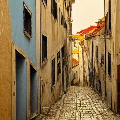 Prompt: the view down an alley, buildings in lisbon portugal, by girolamo da catignola