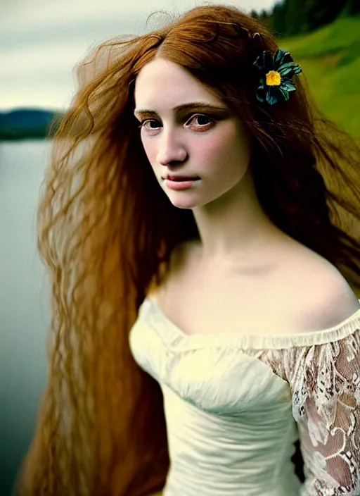 Image similar to Kodak Portra 400, 8K, soft light, volumetric lighting, highly detailed, britt marling style 3/4, extreme Close-up portrait photography of a beautiful woman how pre-Raphaelites, the hair floats on the water, a beautiful lace dress and hair are intricate with highly detailed realistic beautiful flowers , Realistic, Refined, Highly Detailed, natural outdoor soft pastel lighting colors scheme, outdoor fine art photography, Hyper realistic, photo realistic