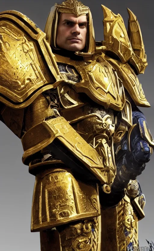 Prompt: angry Henry Cavill as warhammer 40k God-Emperor of Mankind dressed in his glowing golden power armor with no helmet. full-length portrait, beautiful face, long hair, painted by Donato Giancarlo, intricate fine armor rune details, cinematic, highly detailed, octane render