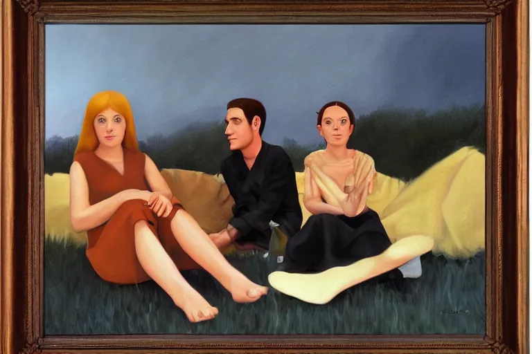 Prompt: beautiful painting of friends, beautiful faces, sitting on the edge, cute, soft light, digital painting by diane arbus and ralph mcquarrie