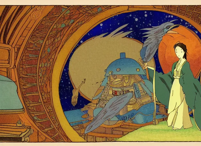 Image similar to a still frame in anime style, studio ghibli, ivan bilibin, medieval western bible sci - fi illustration of a person morphing into a bird, space station interior