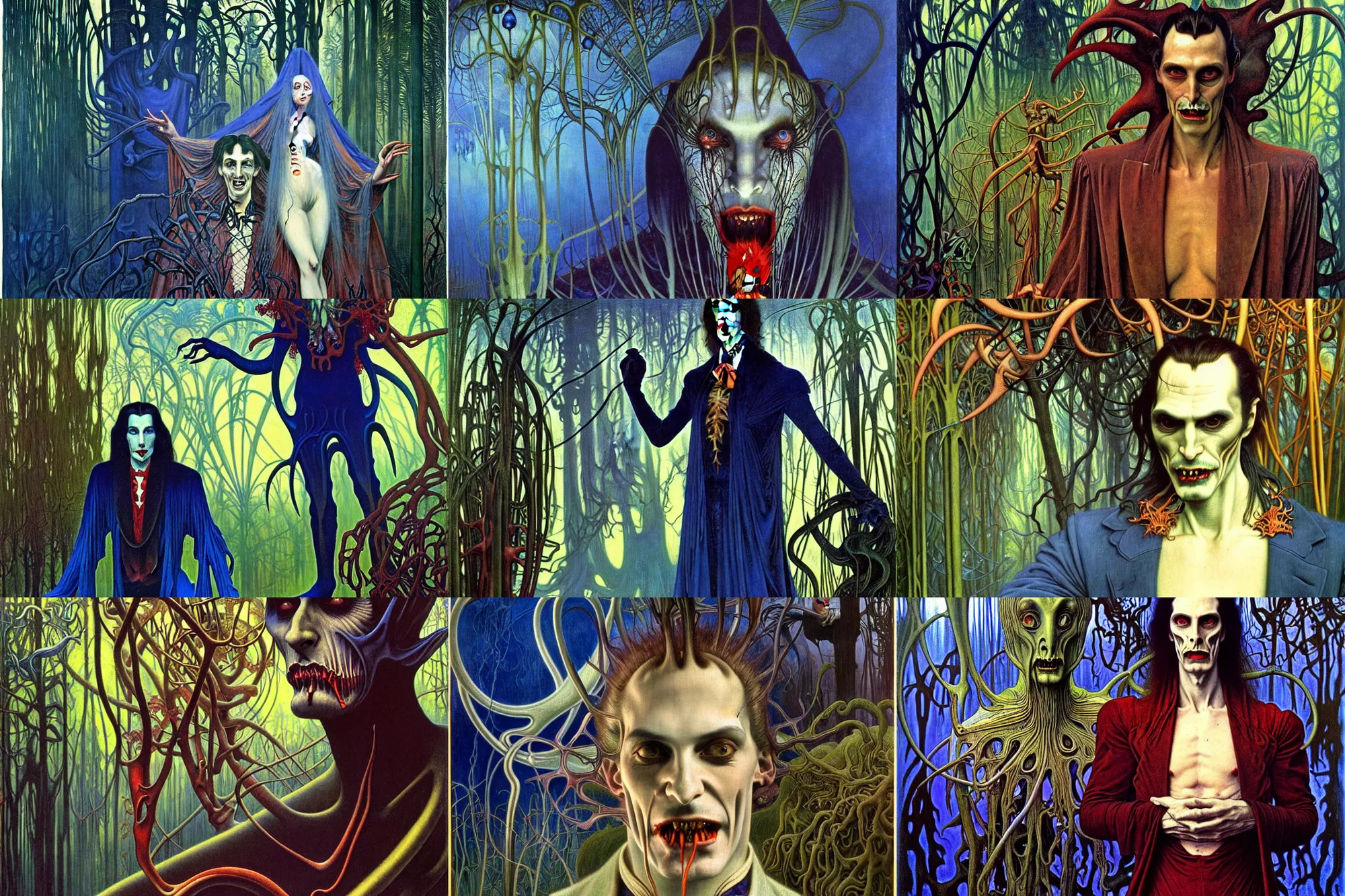 Prompt: realistic detailed portrait painting of a creepy vampire man dressed as dracula, futuristic sci-fi forest on background by Jean Delville, Amano, Yves Tanguy, Alphonse Mucha, Ernst Haeckel, Edward Robert Hughes, Roger Dean, rich moody colours, blue eyes