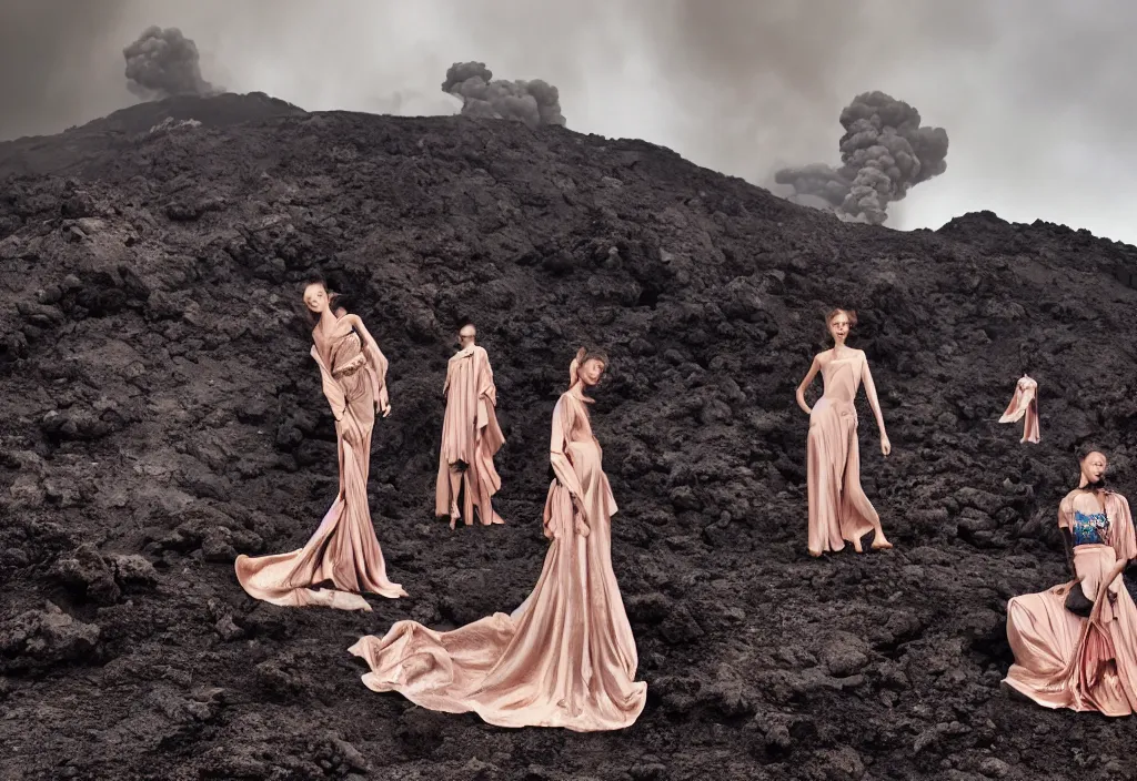 Image similar to fashion editorial in active volcano. wide angle. highly detailed.