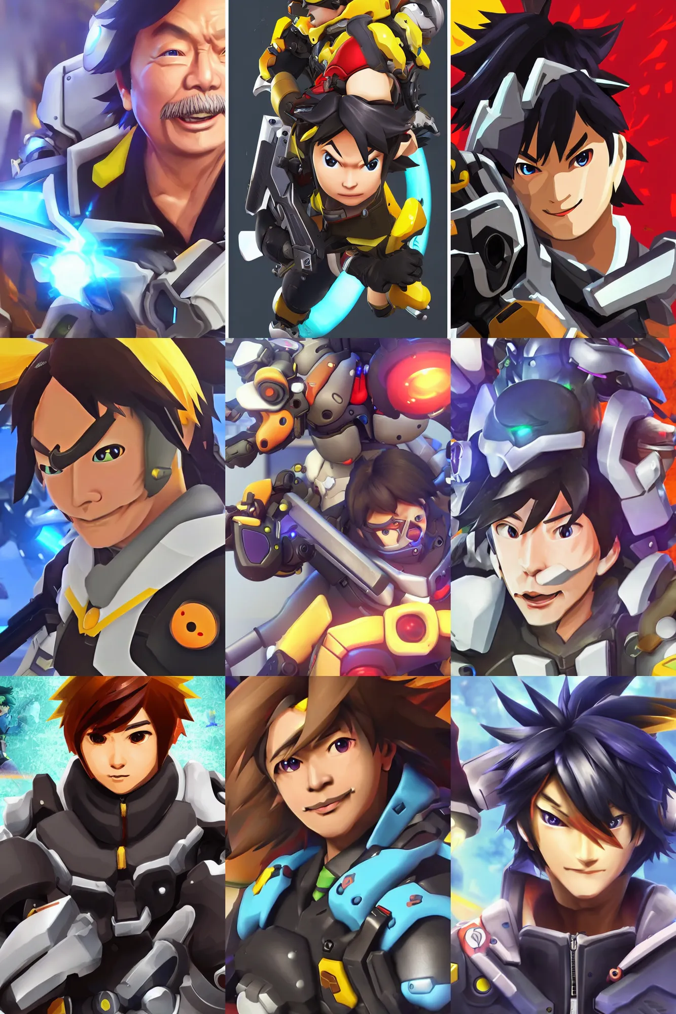 Prompt: shigeru miyamoto as an overwatch hero, damage class, character art, cinematic, portrait closeup