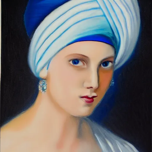 Prompt: a painting of a young woman wearing a blue and white turban. the woman is looking to the side with a soft expression, and her earring is a large, shining pearl. the background is a dark space, and the light is shining on the woman from the front, creating a halo - like effect around her head.