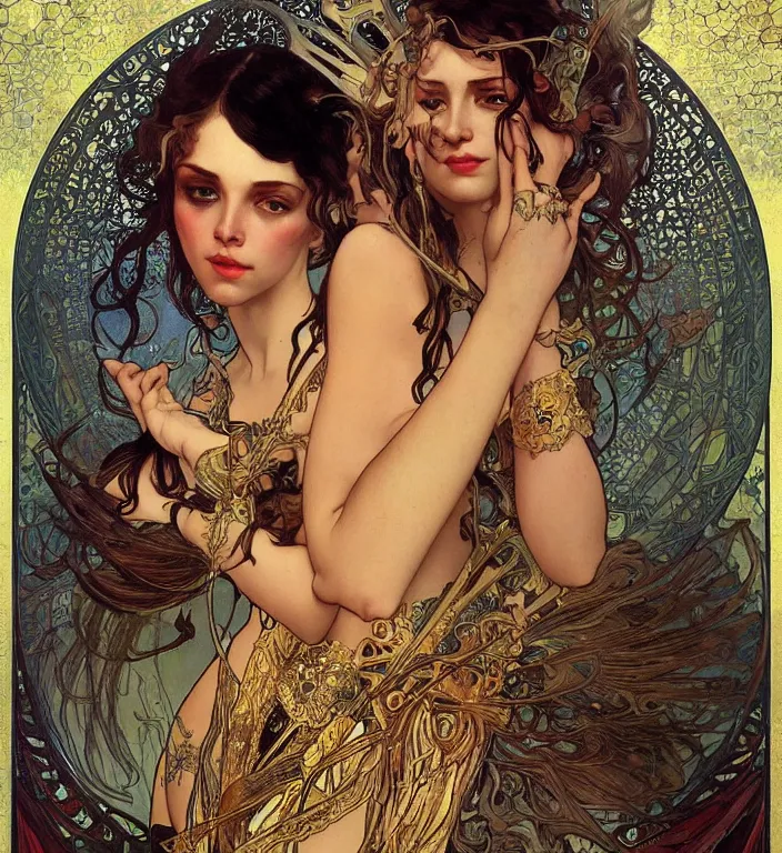 Image similar to unreal engine render + a goddess, tarot card, dark souls colour scheme, smooth, coherent, high detailed, by Karol Bak outlines by Alphonse Mucha, featured on artstation, instagram HD, unreal engine