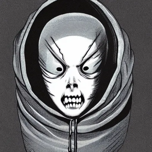 Image similar to a hooded man in a cracked porcelain mask, junji ito,