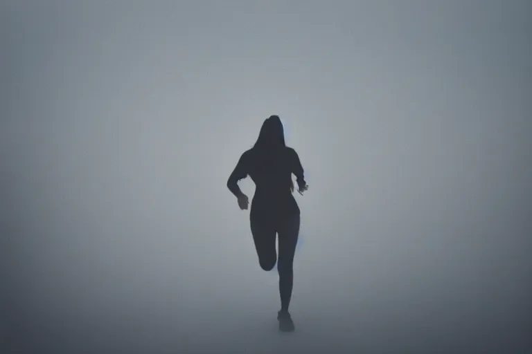 Image similar to film photography, straight colors, minimalism, woman silhouette running in the blue fog with low shutter speed, 35mm, motion blur