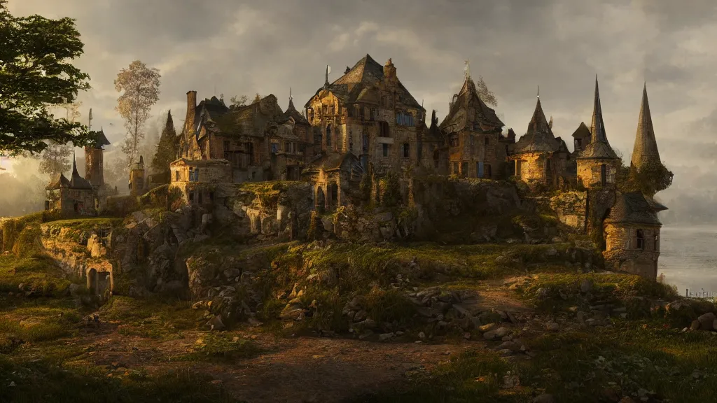Prompt: newly built castle sitting by the seaside with rolling hills and a small village by eugene von guerard, ivan shishkin, dramatic lighting, concept art, trending on artstation, 8 k