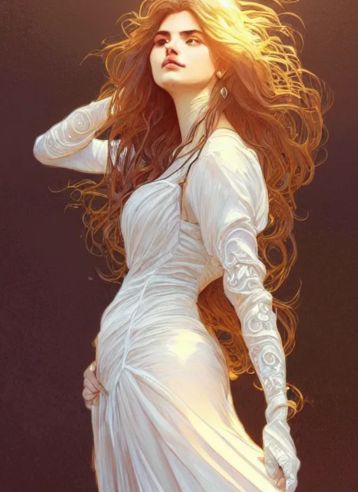 Prompt: long shot, woman posing, short wavy hair, round face, intricate white dress, cottagecore!!, inside water, intricate, enlightened, highly detailed, digital painting, artstation, concept art, smooth, sharp focus, illustration, art by artgerm and greg rutkowski and alphonse mucha