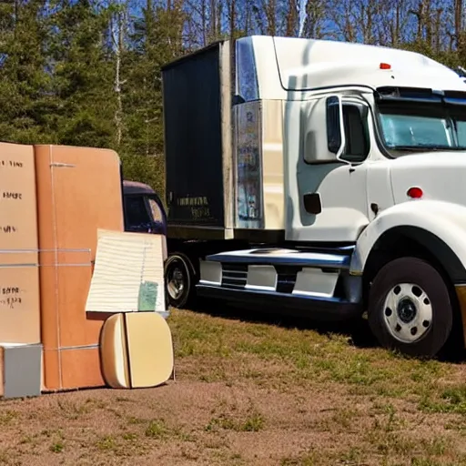 Prompt: a truck hauling journals and sketchbooks