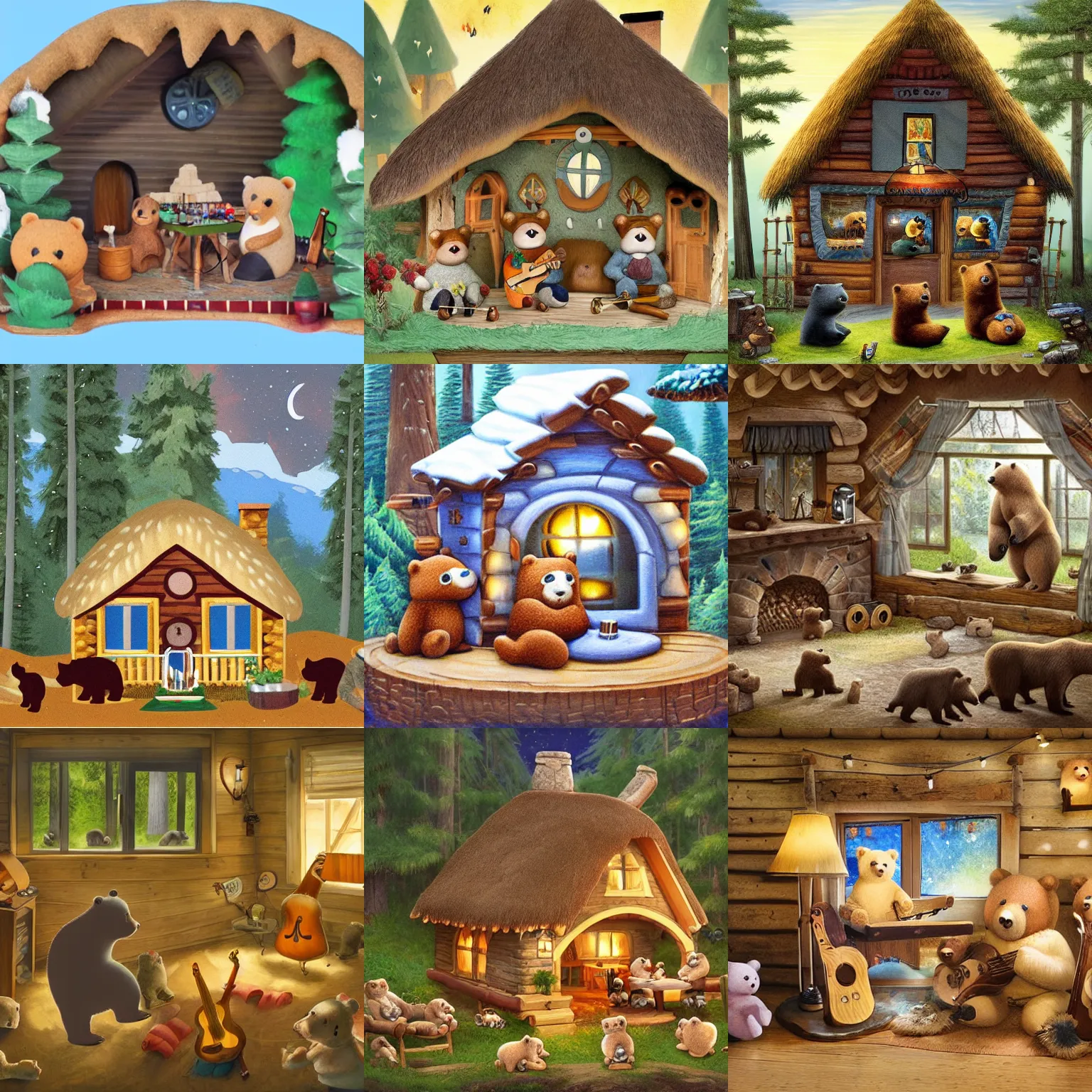 Prompt: a cozy cottage surrounded by bears playing music instruments