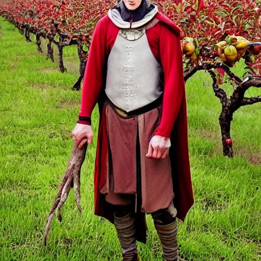 Image similar to portrait of a slender elven man, standing in an apple orchard, dressed in medieval style, sharp features, very handsome, dungeons and dragons