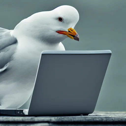 Image similar to a seagull angrily typing on a laptop