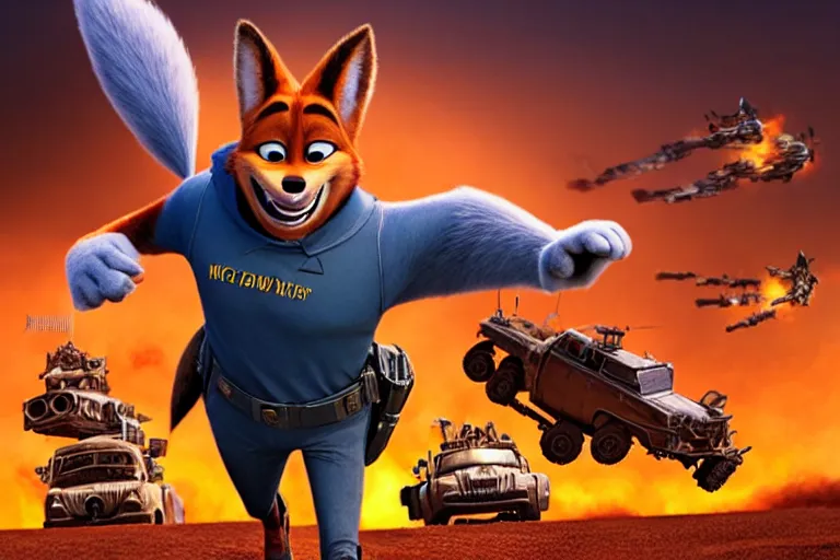 Image similar to nick wilde ( from zootopia ), heavily armed and armored facing down armageddon in a dark and gritty reboot from the makers of mad max : fury road